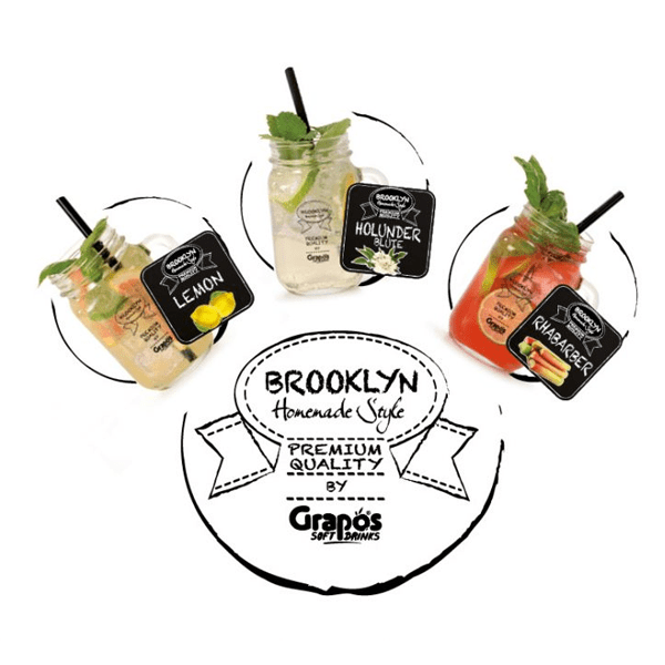 Verschieden gefüllte und dekorierte Brooklyn Homemade Style Gläser in den Sorten Lemon Holunder und Rhabarber
