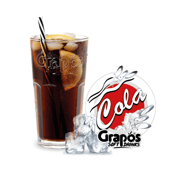Schön dekoriertes und gefülltes Grapos Glas daneben mit dem Grapos Logo Cola