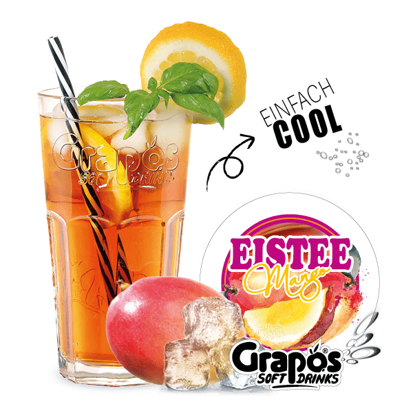 Schön dekoriertes gefülltes Grapos Glas mit dem Grapos Logo daneben Eistee Mango