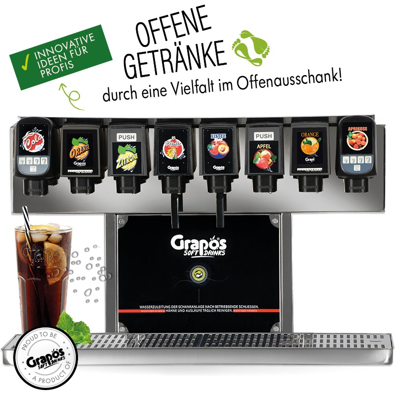 Ansicht eines Grapos Ausschankgeräts mit dem Hinweis auf Offene Getränke durch eine Vielfalt im Offenausschank