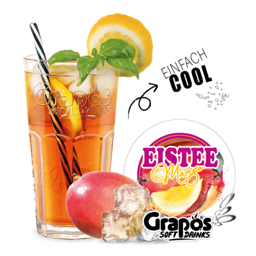 Schön dekoriertes gefülltes Grapos Glas mit dem Grapos Logo daneben Eistee Mango